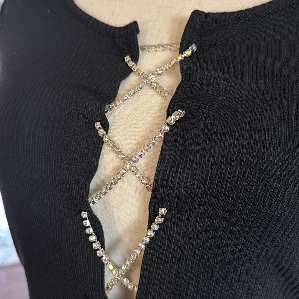 Crop rhinestone lace up top in black - Picture 4 of 6